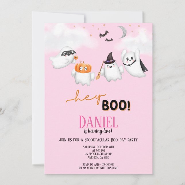 Invitation Fête d'anniversaire Halloween Fantôme Hey Boo (Devant)