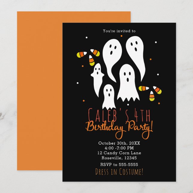 Invitation Fête d'anniversaire Halloween Fantômes & Maïs sucr (Devant / Derrière)