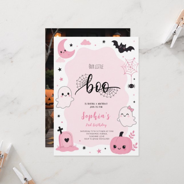 Invitation Fête d'anniversaire Halloween Ghost Kawaii Rose (Devant/Arrière en situation)
