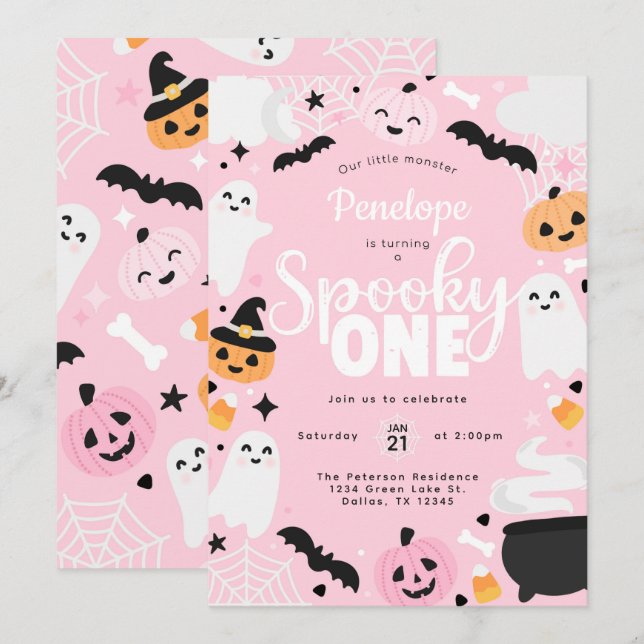 Invitation Fête d'anniversaire Halloween Ghost Rose 1 an (Devant / Derrière)