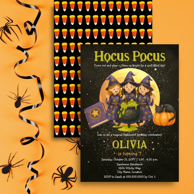 Invitation Fête d'anniversaire Halloween Hocus Pocus (Hocus Pocus three little witches Halloween birthday party invitation in situ.)