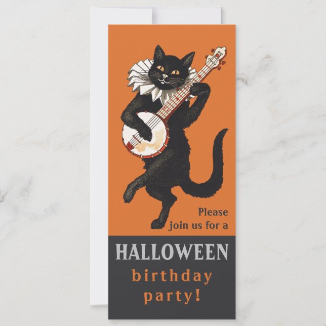 Invitation Fête d'anniversaire Halloween noir chat banjo CC11 (Devant)