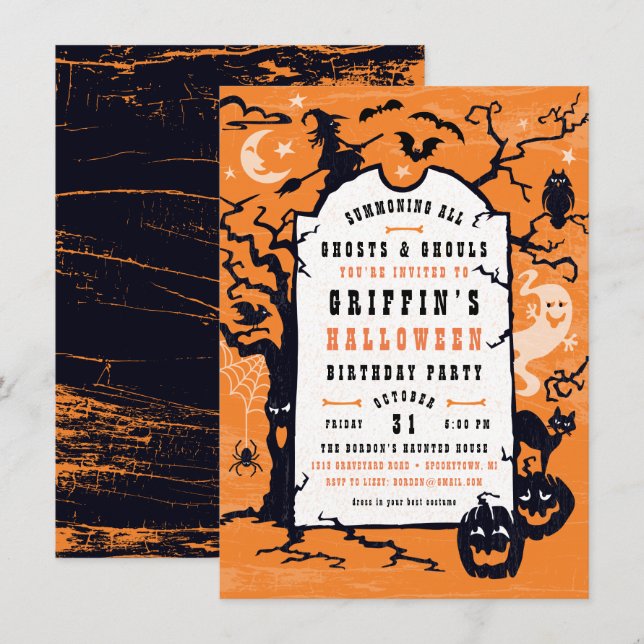 Invitation Fête d'anniversaire Halloween ou soirée costumée (Devant / Derrière)
