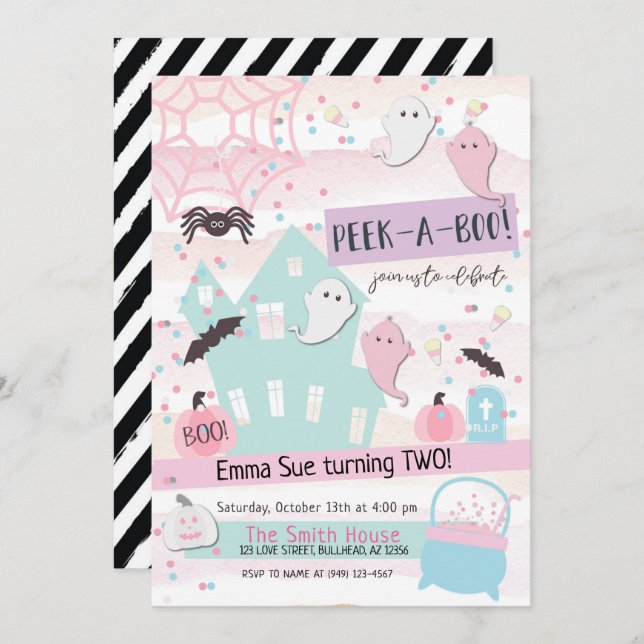 Invitation Fête d'anniversaire Halloween Pastel Peek-A-Boo 2e (Devant / Derrière)