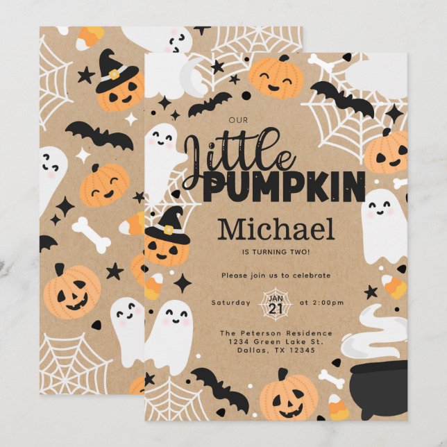 Invitation Fête d'anniversaire Halloween petite citrouille fa (Devant / Derrière)