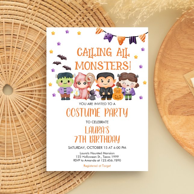 Invitation Fête d'anniversaire Halloween pour tous les monstr (Calling All Monsters Spooktacular Halloween Costume Birthday Party Invitation)