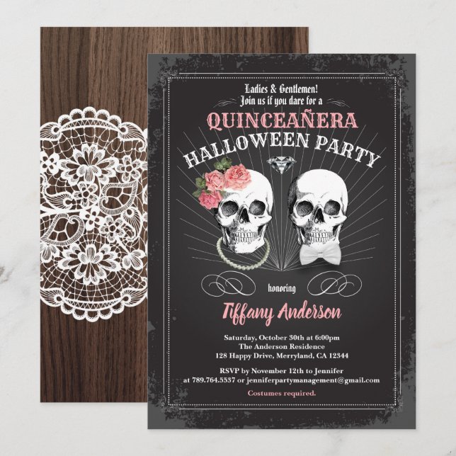 Invitation Fête d'anniversaire Halloween Quinceañera noir ros (Devant / Derrière)