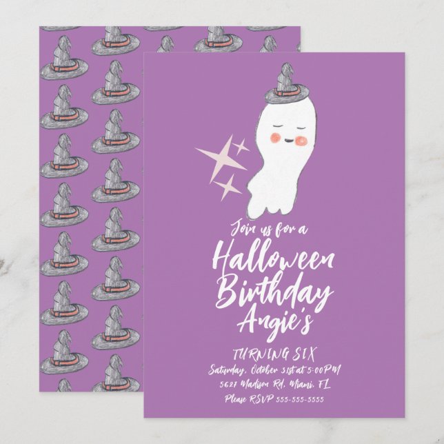 Invitation Fête d'anniversaire Halloween Retro Ghost Doodle  (Devant / Derrière)