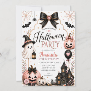 Invitation Fête d'anniversaire Halloween rose et noir mignonn