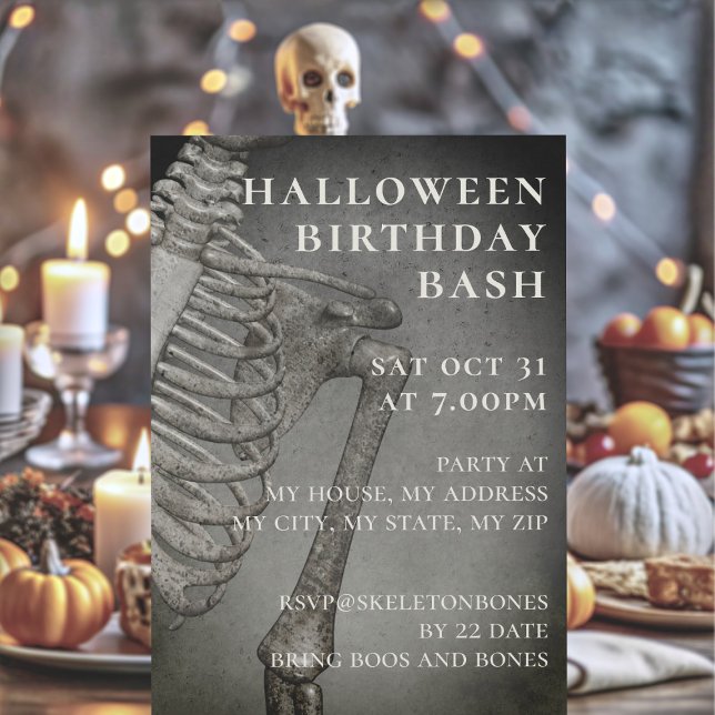 Invitation Fête d'anniversaire Halloween squelette effrayant (Birthday bash on Halloween? Here's your invitation!)