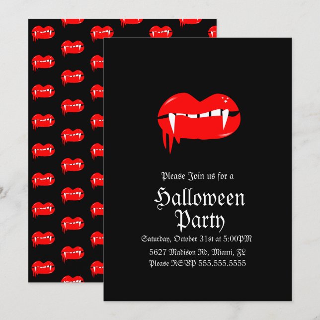 Invitation Fête d'anniversaire Halloween Vampire Lèvres ensan (Devant / Derrière)