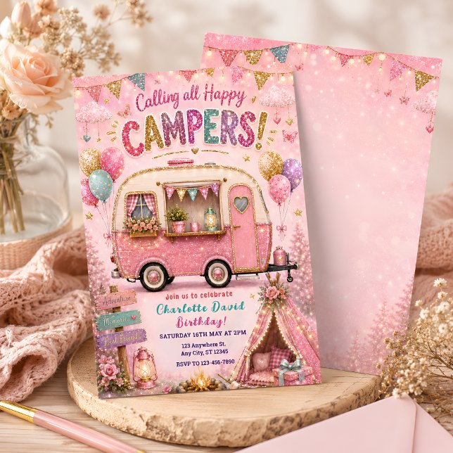 Invitation Fête d'anniversaire Happy Camper rose (Créateur téléchargé)
