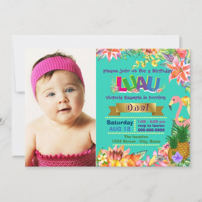 Invitation Fête d'anniversaire Hawaïenne pour filles (Devant)