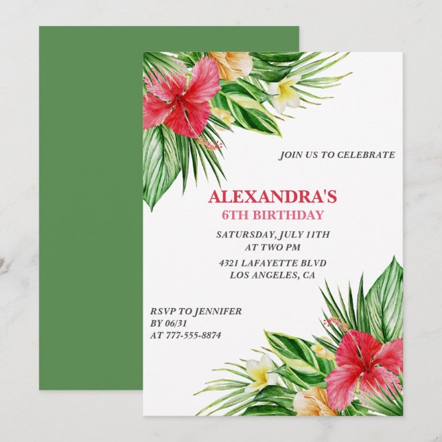 Invitation Fête d'anniversaire hawaïenne sur le thème des hib (Devant / Derrière)