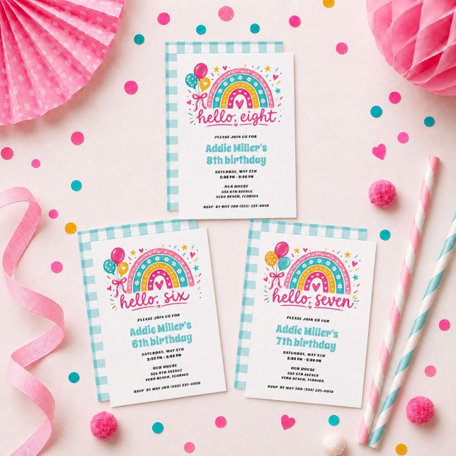Invitation Fête d'anniversaire Hello Seven Girl's Rainbow 7èm (Hello Seven Girl's Rainbow 7th Birthday Party Invitation)
