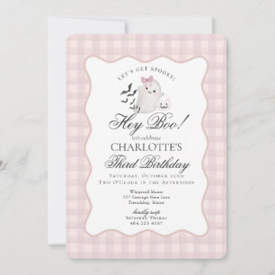 Invitation Fête d'anniversaire Hey Boo à carreaux roses