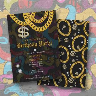 Invitation Fête d'anniversaire Hip Hop Chaîne en Or Graffiti