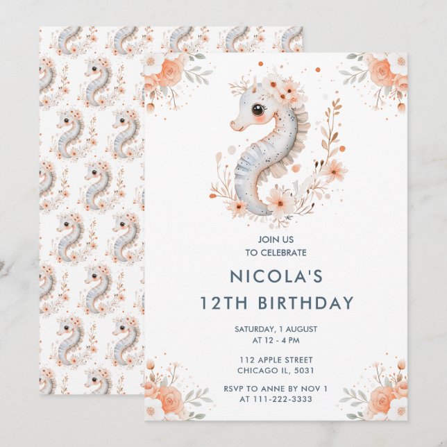 Invitation Fête d'anniversaire Hippocampe Floral Mignon (Devant / Derrière)