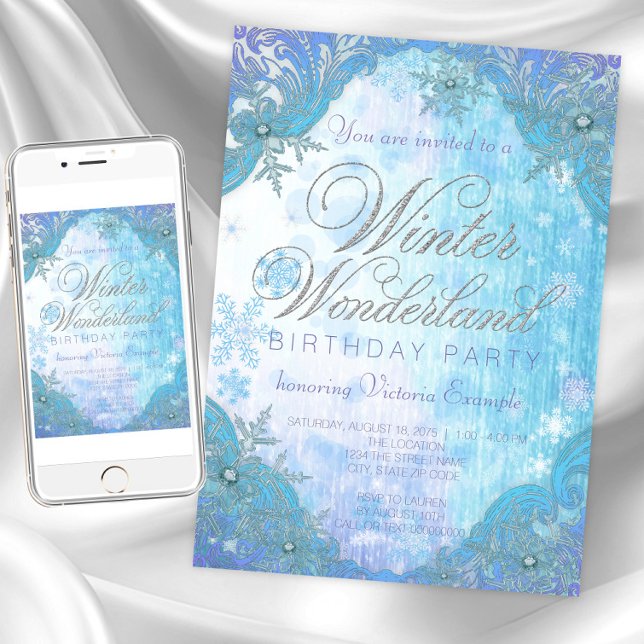 Invitation Fête d'anniversaire hivernale aux flocons de neige (Winter wonderland invitation any occasion. Instant download and printed invitations available.)