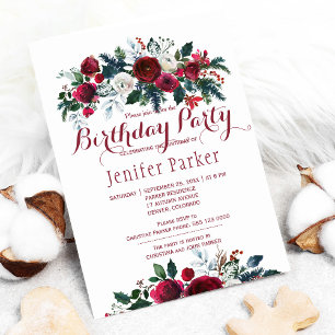 Invitation Fête d'anniversaire hivernale chic aux fleurs à l'