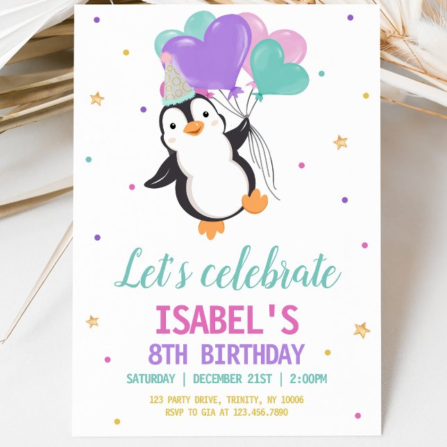 Invitation Fête d'anniversaire hivernale de manchot fille (Créateur téléchargé)