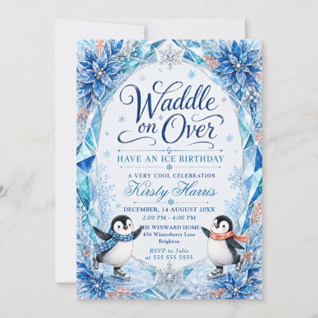 Invitation Fête d'anniversaire hivernale de pingouin (Devant)