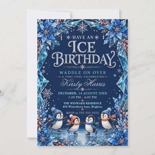 Invitation Fête d'anniversaire hivernale de pingouin (Devant)
