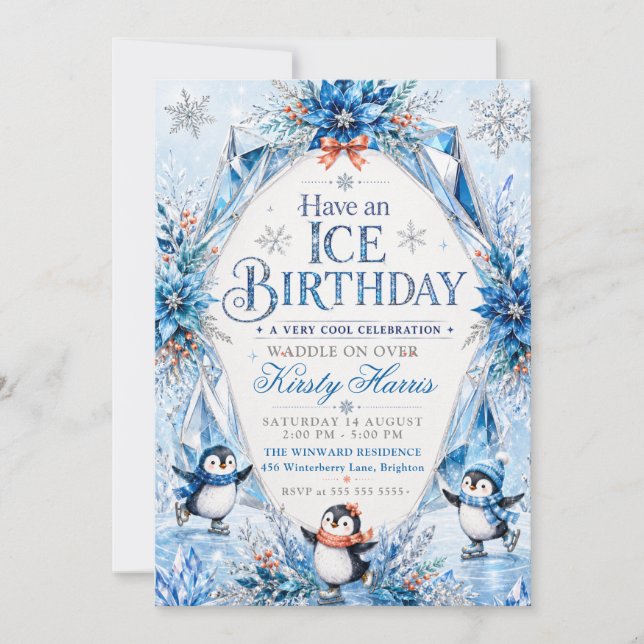 Invitation Fête d'anniversaire hivernale de pingouin (Devant)