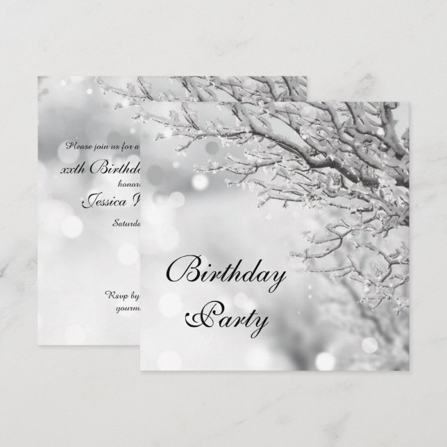 Invitation Fête d'anniversaire hivernale Silver Sparkle (Devant / Derrière)