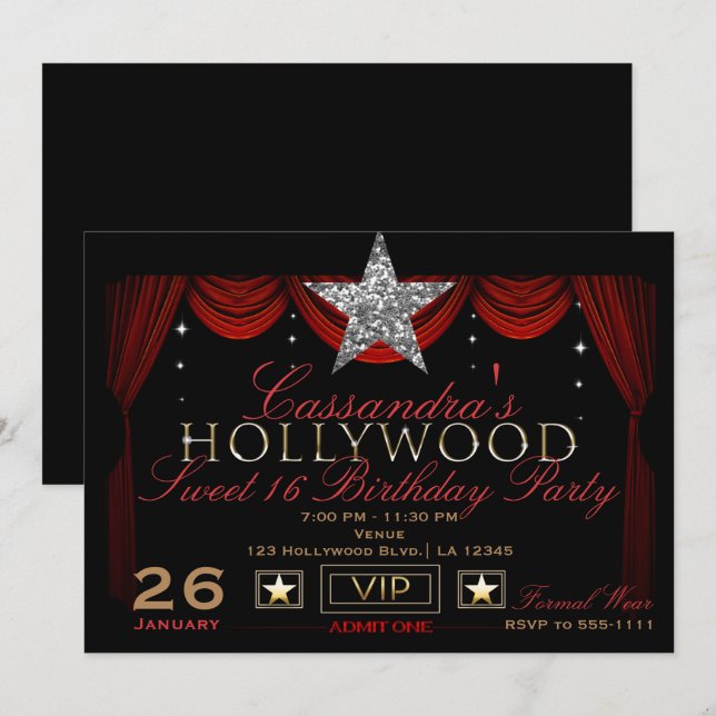 Invitation Fête d'anniversaire Hollywood Or Argent Noir & Rou (Devant / Derrière)