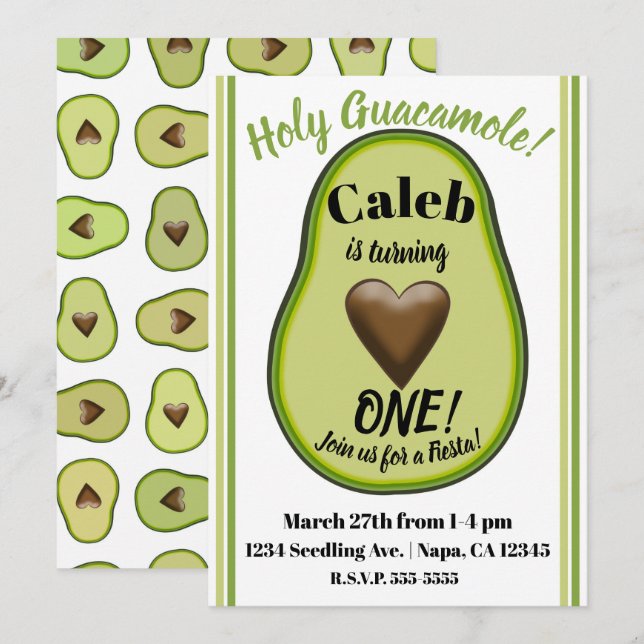 Invitation Fête d'anniversaire Holy Guacamole Heart Avocat 1è (Devant / Derrière)