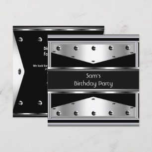 Invitation Fête d'anniversaire homme métal argenté noir pour