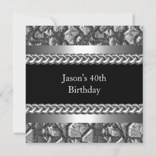 Invitation Fête d'anniversaire homme métal chrome noir argent