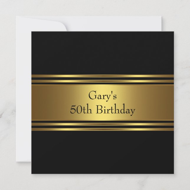 Invitation Fête d'anniversaire homme rayure noire or (Devant)