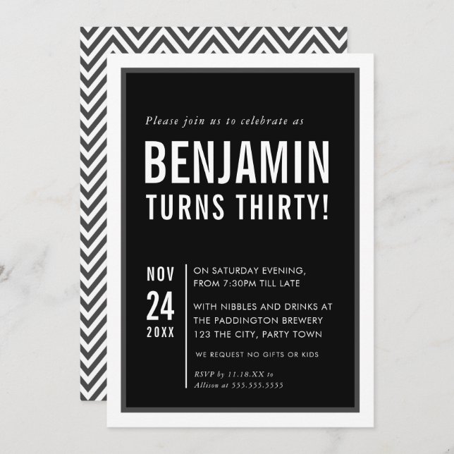 Invitation FÊTE D'ANNIVERSAIRE HOMME typographie moderne noir (Devant / Derrière)