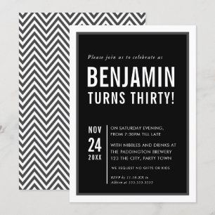 Invitation FÊTE D'ANNIVERSAIRE HOMME typographie moderne noir