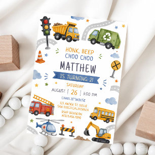 Invitation Fête d'anniversaire Honk Beep Choo Choo Camions Vo