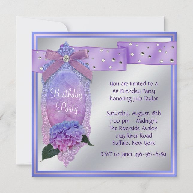 Invitation Fête d'anniversaire Hortensia Bleu Violet Rose (Devant)