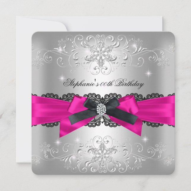Invitation Fête d'anniversaire Hot rose Black Bow Parties sci (Devant)