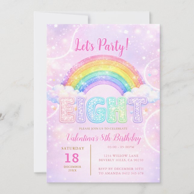 Invitation Fête d'anniversaire huit ans arc-en-ciel rose viol (Devant)