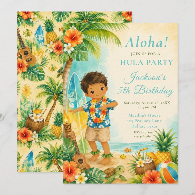 Invitation Fête d'anniversaire Hula (Devant / Derrière)