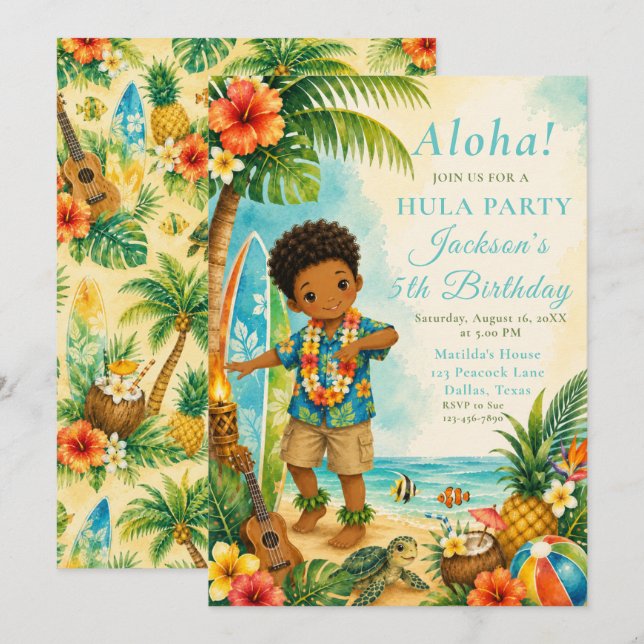 Invitation Fête d'anniversaire Hula (Devant / Derrière)