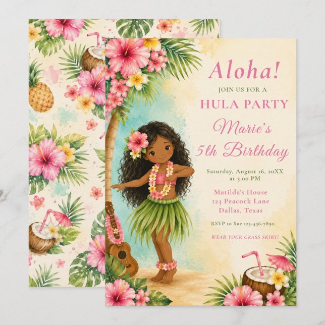 Invitation Fête d'anniversaire Hula (Devant / Derrière)