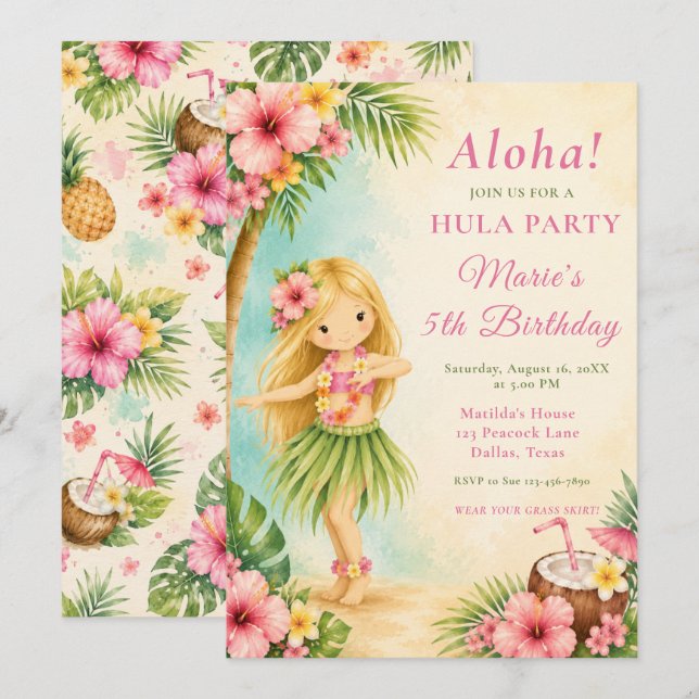 Invitation Fête d'anniversaire Hula (Devant / Derrière)