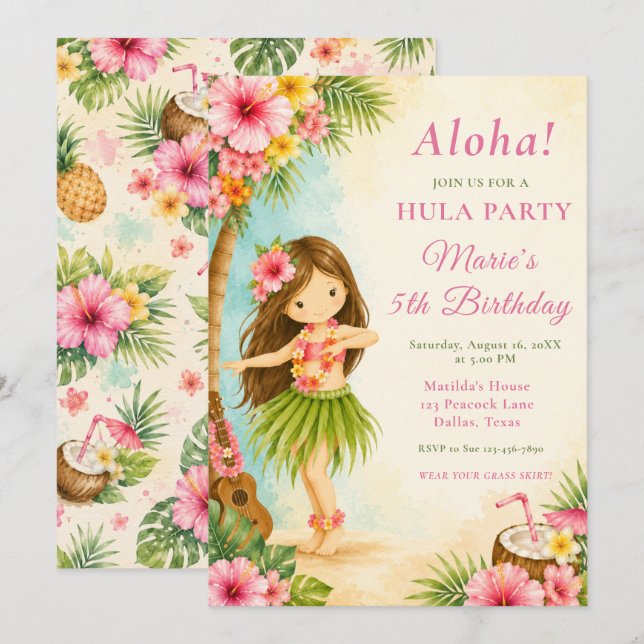 Invitation Fête d'anniversaire Hula (Devant / Derrière)