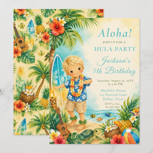 Invitation Fête d'anniversaire Hula (Devant / Derrière)