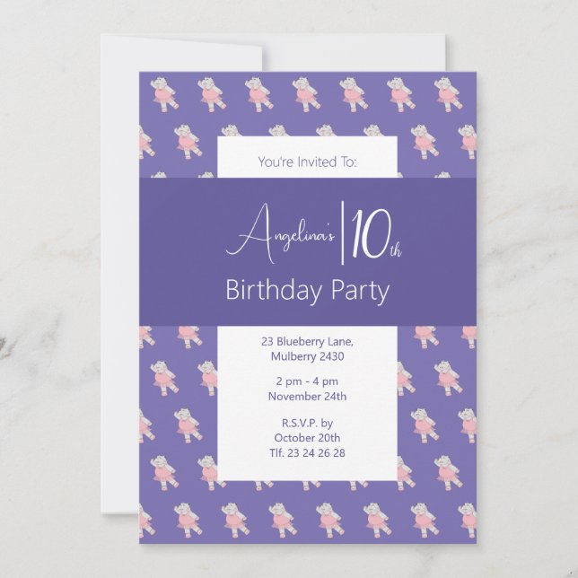 Invitation Fête d'anniversaire illusima Ballerine Hippopotame (Devant)