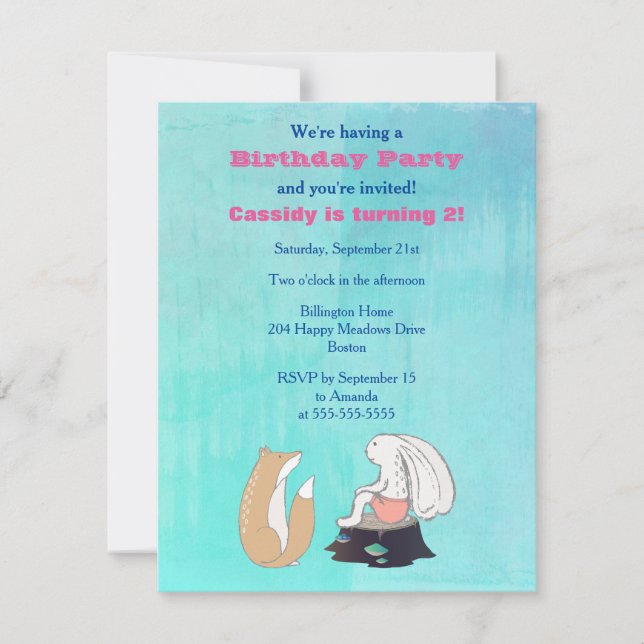 Invitation Fête d'anniversaire illustrée avec un renard et un (Devant)
