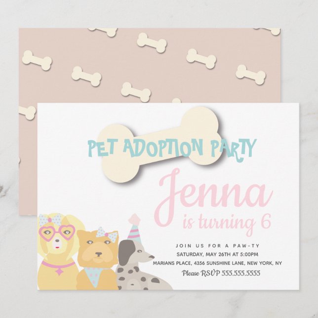 Invitation Fête d'anniversaire illustrée pour chien fantaisis (Devant / Derrière)