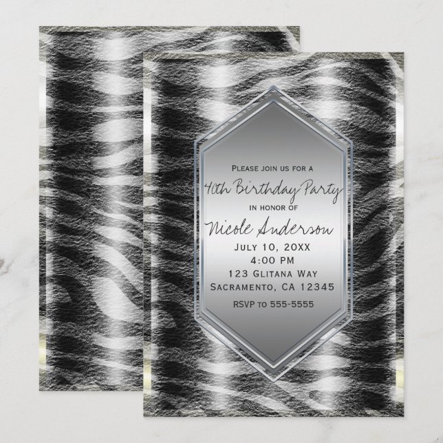 Invitation Fête d'anniversaire impression zèbre noir argenté  (Devant / Derrière)